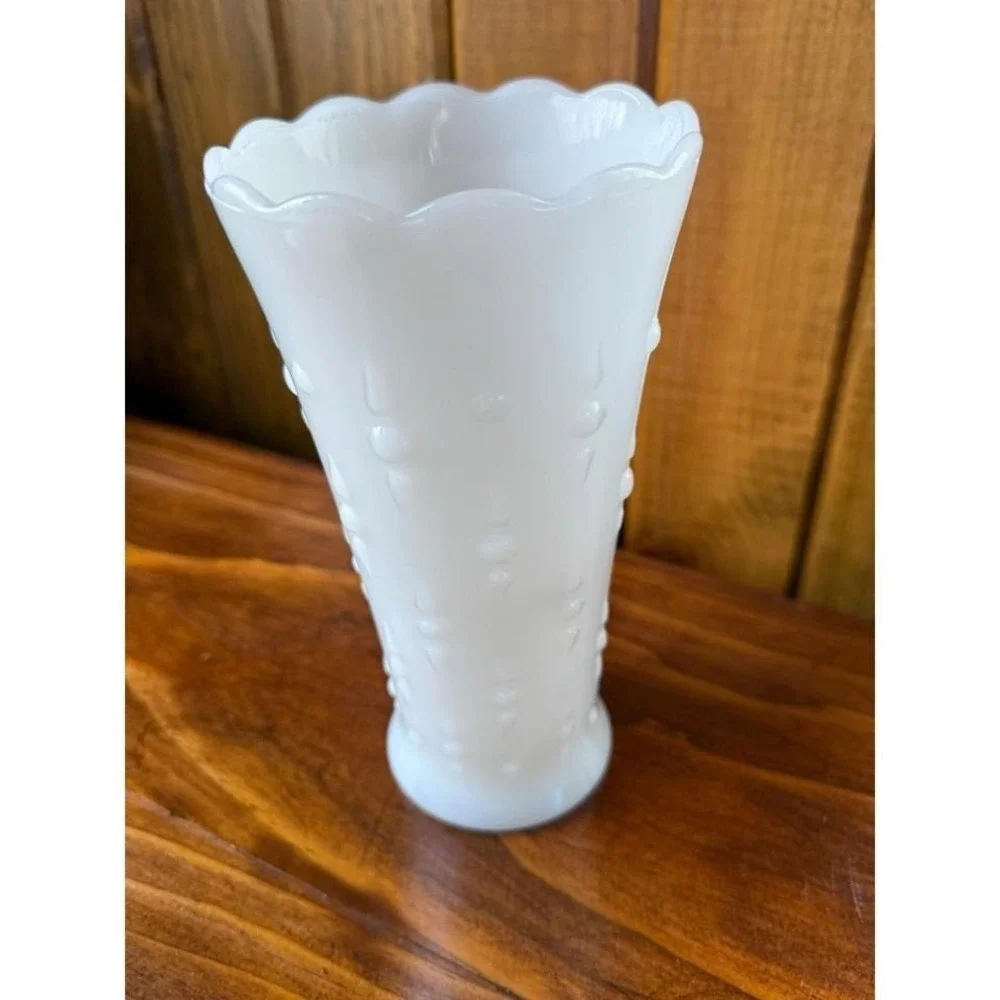 Vintage White Milk Glass Hobnail Teardrop Vase Scalloped Rim Mid Century Decor